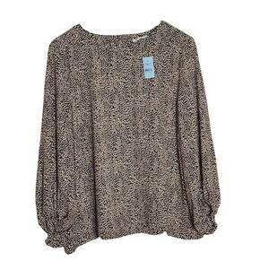 Ann Taylor LOFT Women's Animal Print Billow Sleeve Blouse Top Black Tan Size L